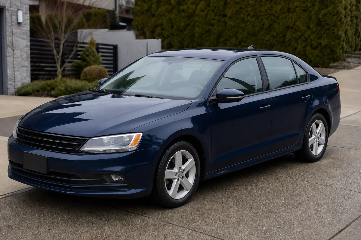 Deep-gloss dark navy sedan after professional correction