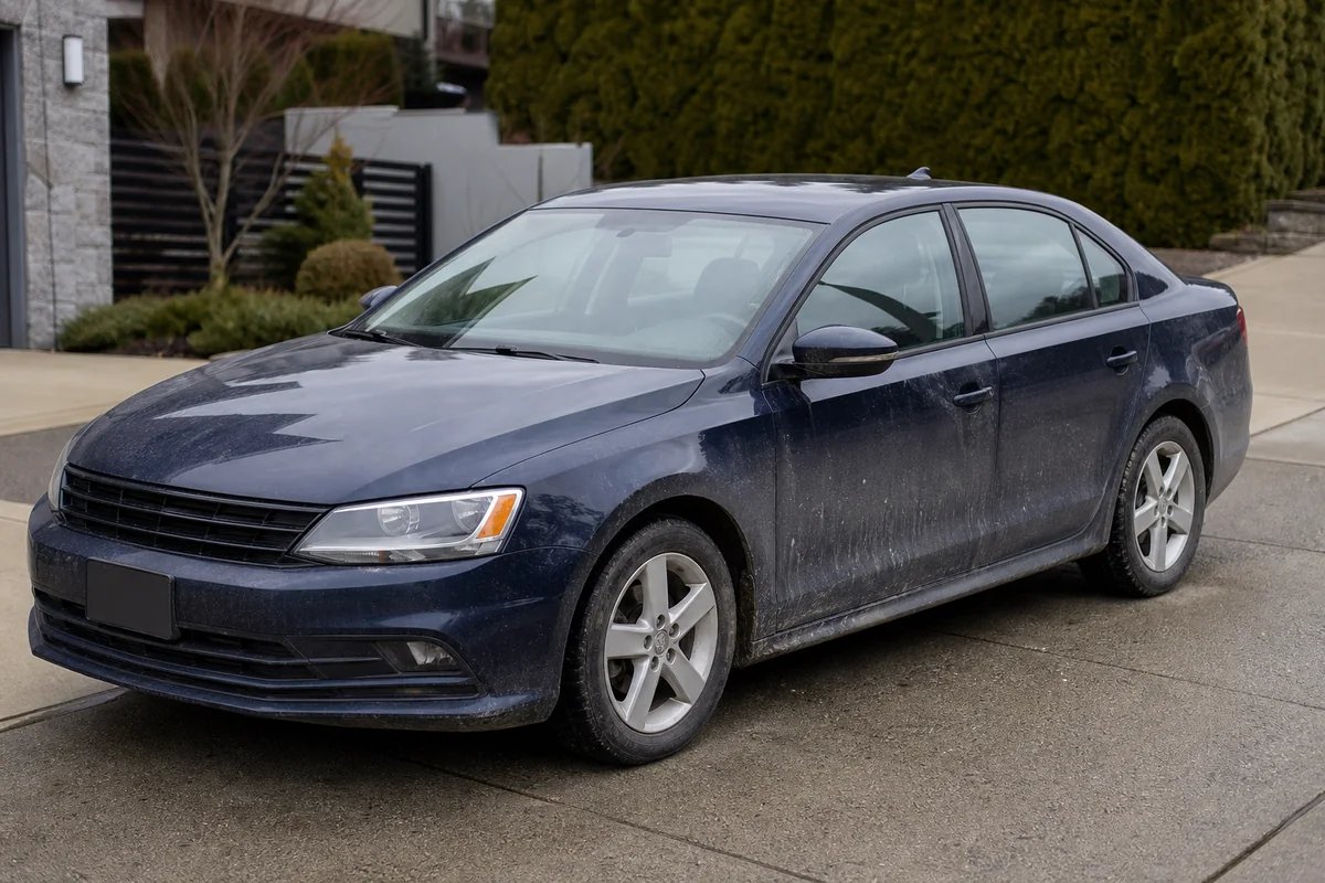 Dark navy sedan with winter road film before premium detailing
